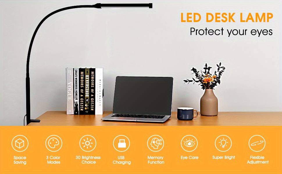 1pc LED Desk Lamp, 8W Eye-Caring Metal Swing Arm Desk Light With Clamp, 2  Color Modes 6 Brightness Dimmable Table Light With Memory Function For Home