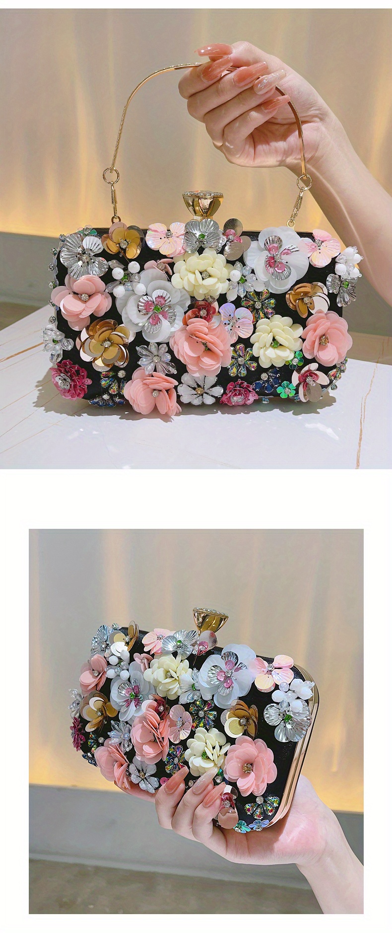 3d Beaded Flower Evening Bag Elegant Box Clutch Purse - Temu