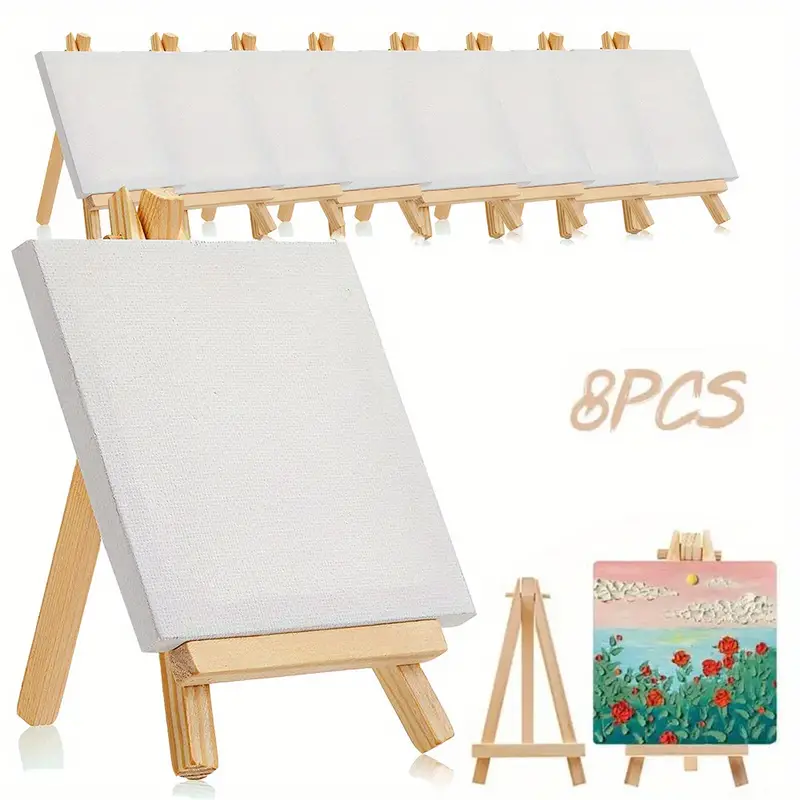 8 Pack 4inx 4in Mini Canvas And Easel Set, Small Art Easel Stand With  Canvas Set, Tabletop Wooden Display Stand And Canvas Panels For Artist,  Students