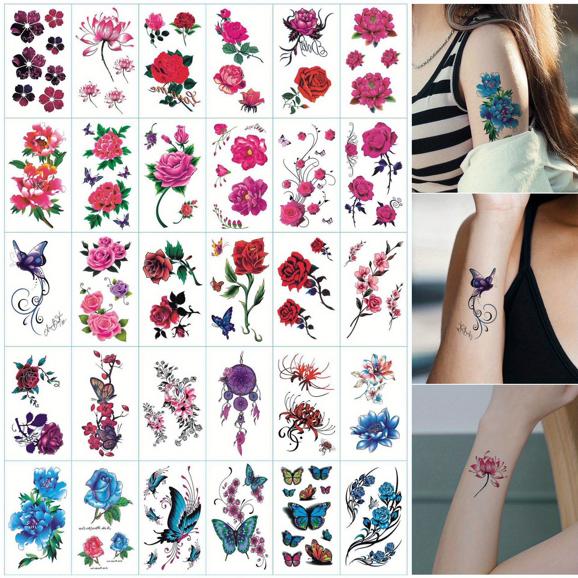30pcs Tattoo Stickers, Flowers And Butterflies Temporary Tattoos, Waterproof Sweatproof Lasting 3-7 Days