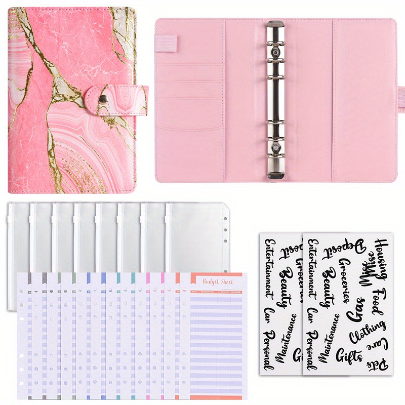 FGY Budget Binder Leather 6 Ring Stuffing Binder with Zipper Cash Envelopes  Expense Budget Sheets for Budgeting Money Organizer (Pink)