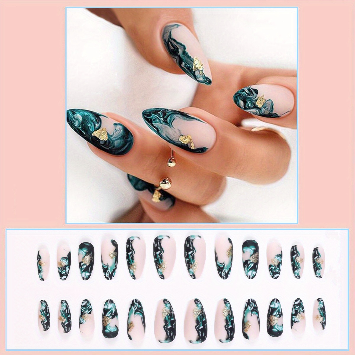 Crystal Press On Nails  Black Nails with Gold Foil & Marble