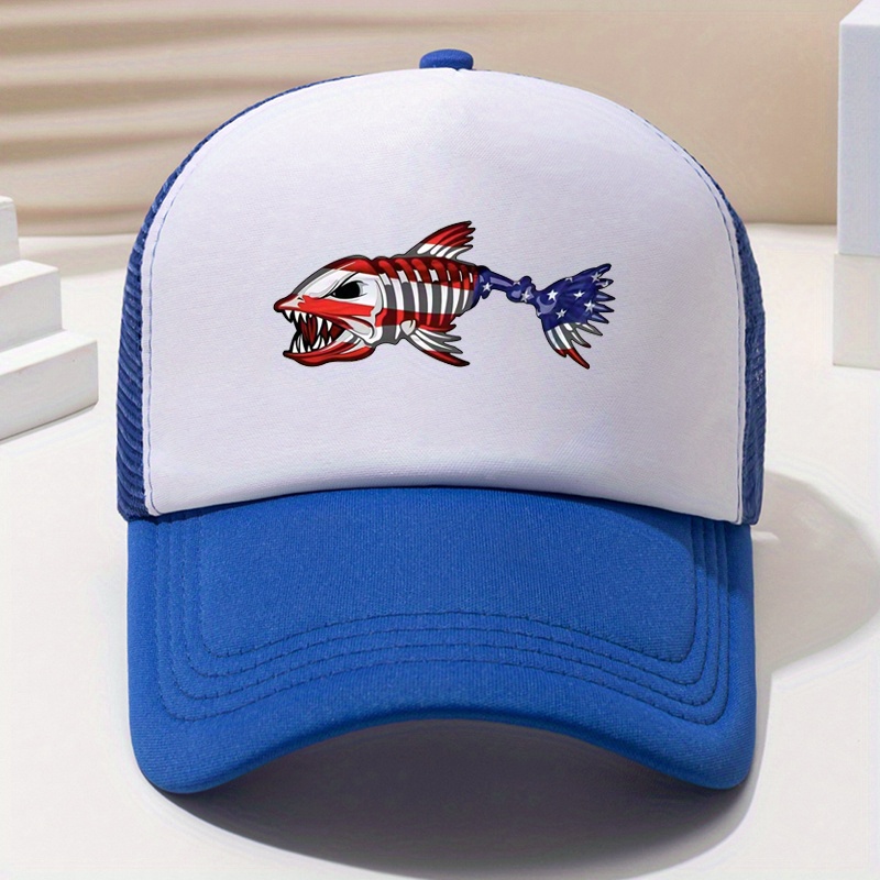 Fish Bone Print Trucker Hat Unisex Hip Hop Breathable Mesh Baseball Cap  Independence Day Golf Dad Hats Patriotic Cap For Women & Men