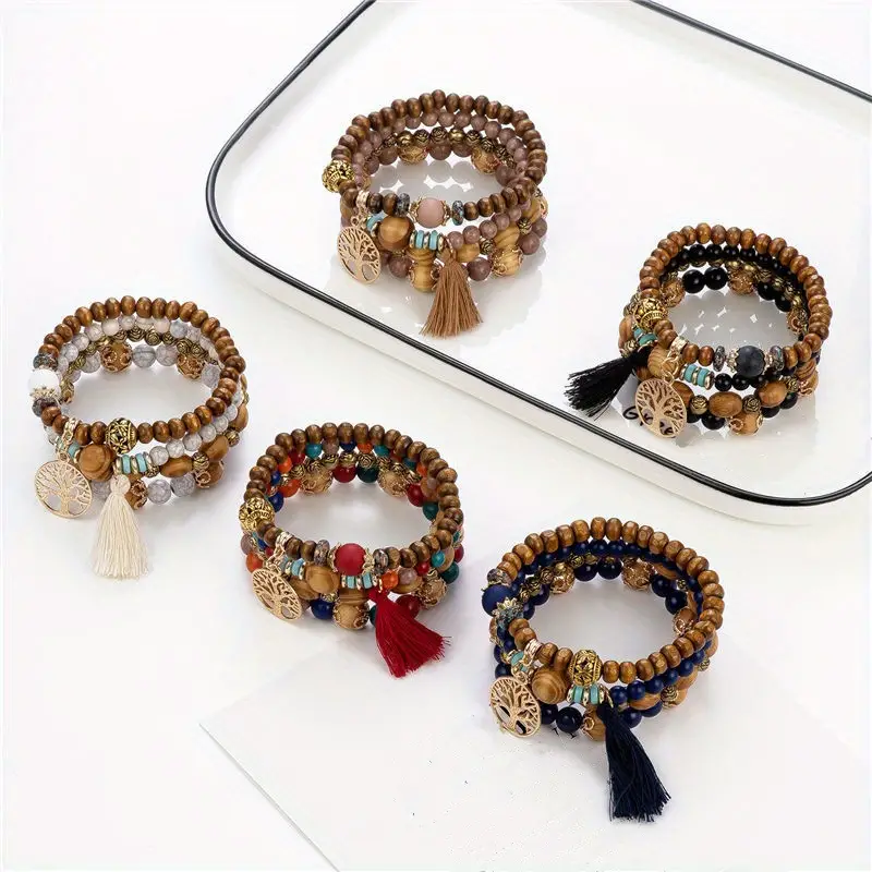 5Pcs Bohemian Handmade Bead Bracelets For Women Multilayered