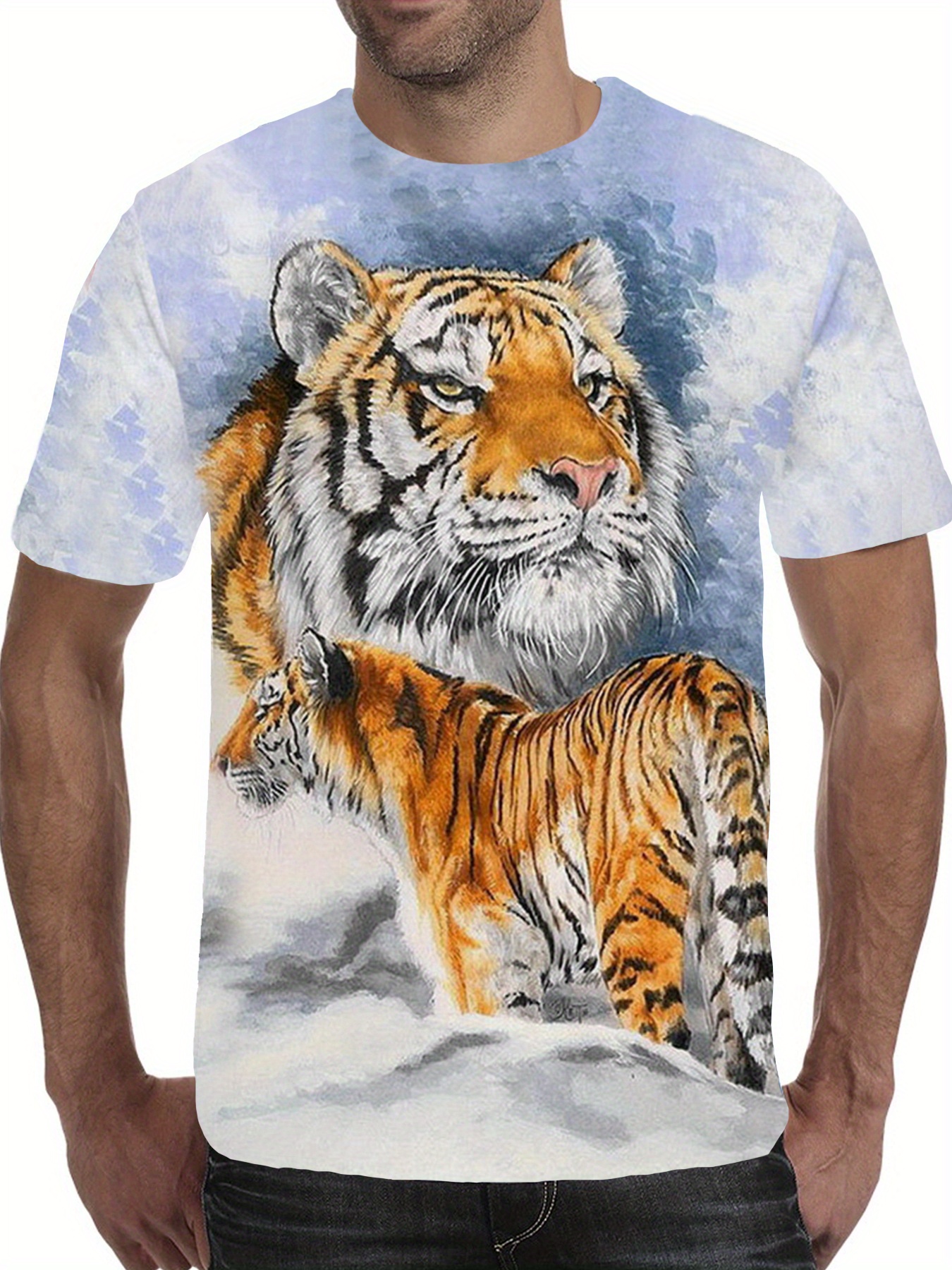 Temu 3D Tiger Print, Men's Graphic Design Crew Neck Novel T-Shirt, Casual Comfy Tees Tshirts for Summer, Men's Clothing Tops for Daily Vacation Resorts