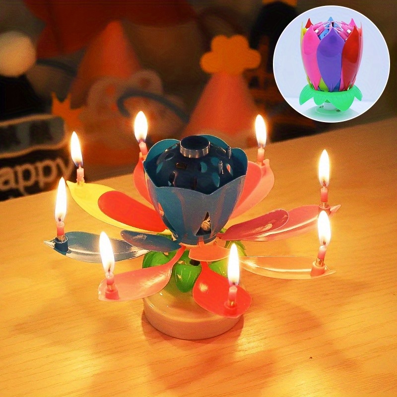 Blue Musical Flower Birthday Candles Lotus Flower Spinning Candles