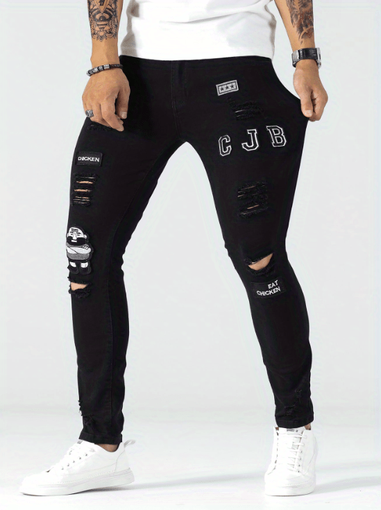 Pantalones vaqueros con estampado deshilachado para hombre, ropa de calle  de moda juvenil, pantalones pitillo de algodón elástico, Jeans ajustados inf