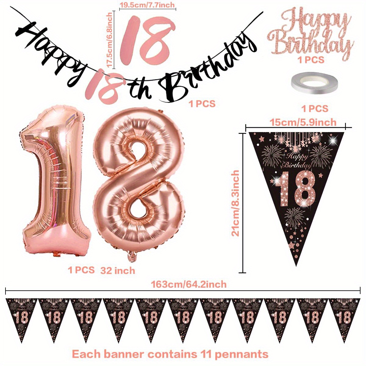 Set, Decoraciones de 18 Cumpleaños para Niñas, Globos de Cumpleaños Feliz  18 en Oro Rosa y Negro con Pancarta de Feliz Cumpleaños 18, Globos de Látex