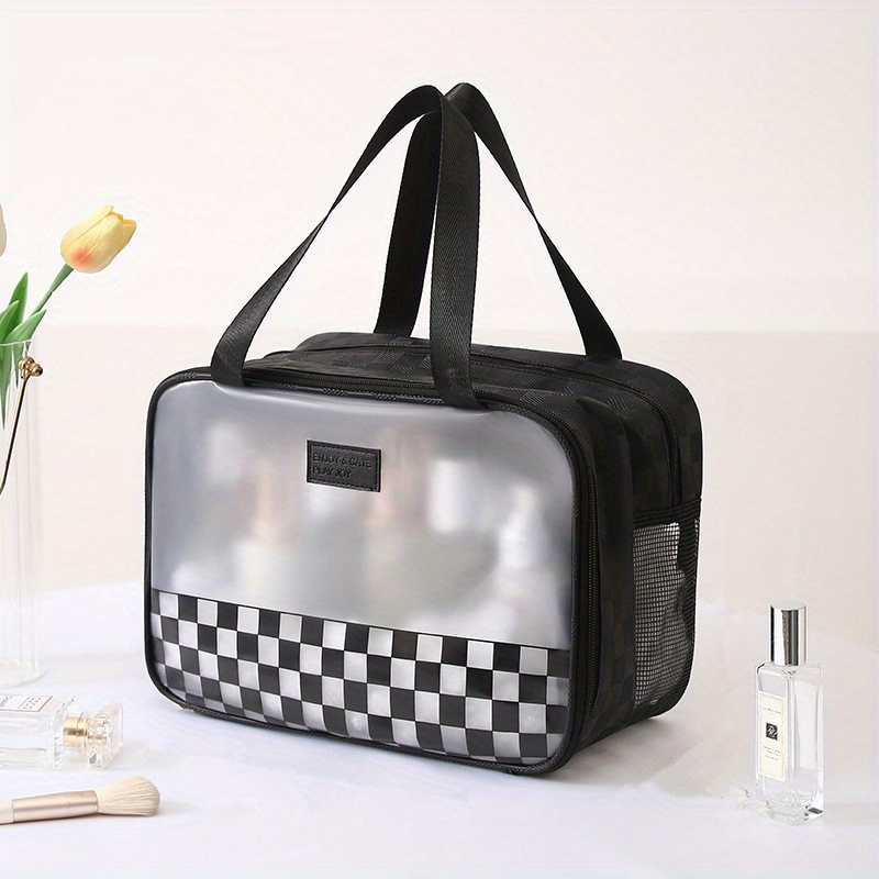 Large Size Luxury Checkered Two-Zipper Makeup PVC Leather Toiletry