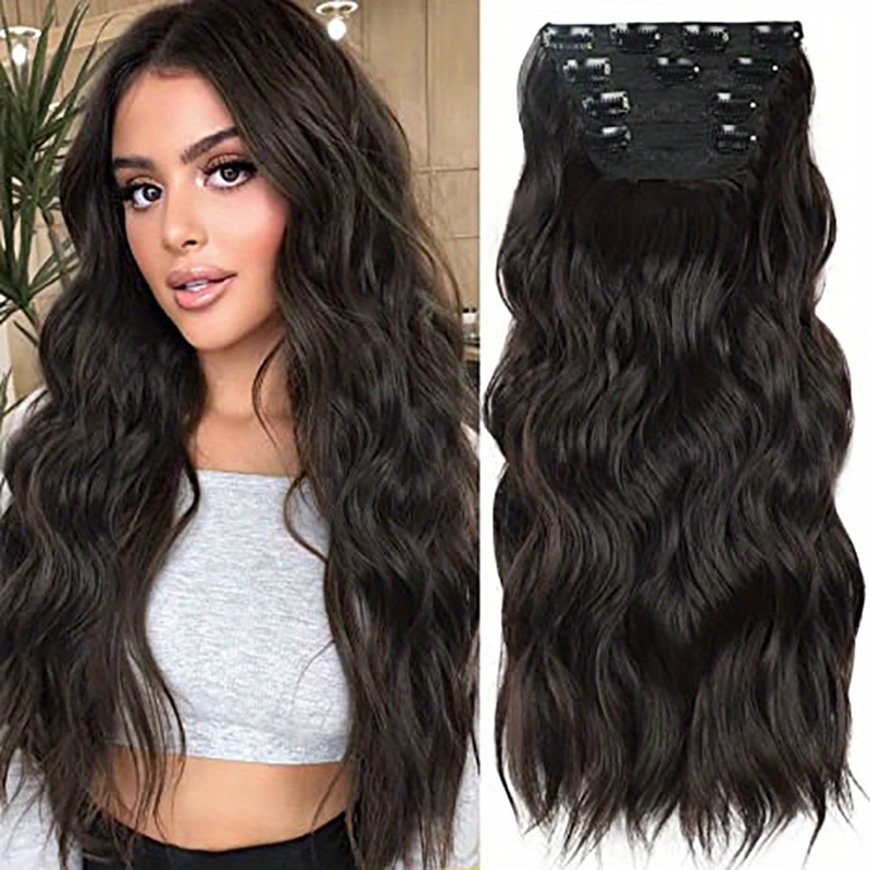 Long Curly Wavy Hair Extensions, Human Hair Extensions 5 Clips in Hair Extensions Synthetic Fiber Hairpieces for Women Girls,Temu