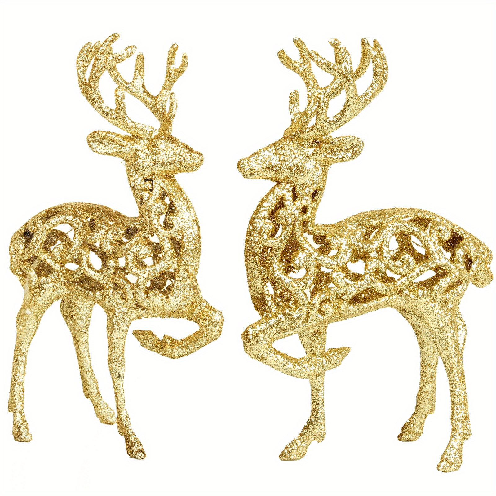 Set Of 2, Sparkling Golden/silver Reindeer Ornaments, 7.5 Inch Tall Standing Deer, Holiday Tabletop Deer Figurine For Mantle, Shelf, Or Desk Decoration