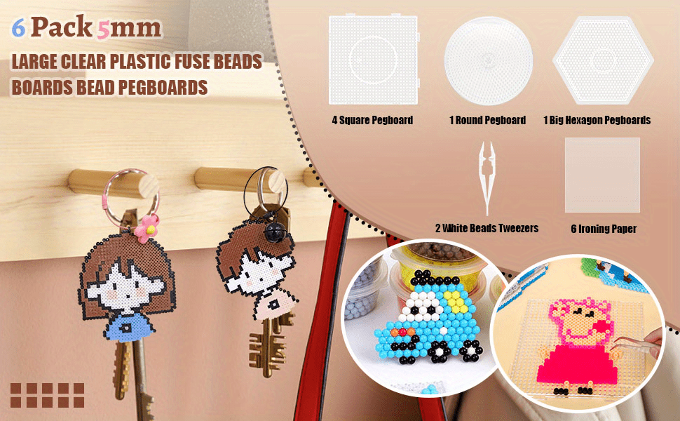 FVIEXE 16PCS 5mm Fuse Beads Pegboards, Large Plastic Bead Pegboard Fuse  Beads Boards with 2 Beads Tweezers and 6 Ironing Paper, Melty Beads Peg  Boards Kit for Kids Craft, 8 Square, 4 Round, 4 Hexagon