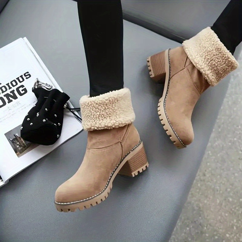 Winter Boots Women Fuzzy Fashion Winter Women Snow Boots Thick Bottom Low  Heel Non Slip Round Toe Solid Color Back Zipper Plush Warm and Comfortable Cute  Snow Shoes Women (Khaki-9, 7) 