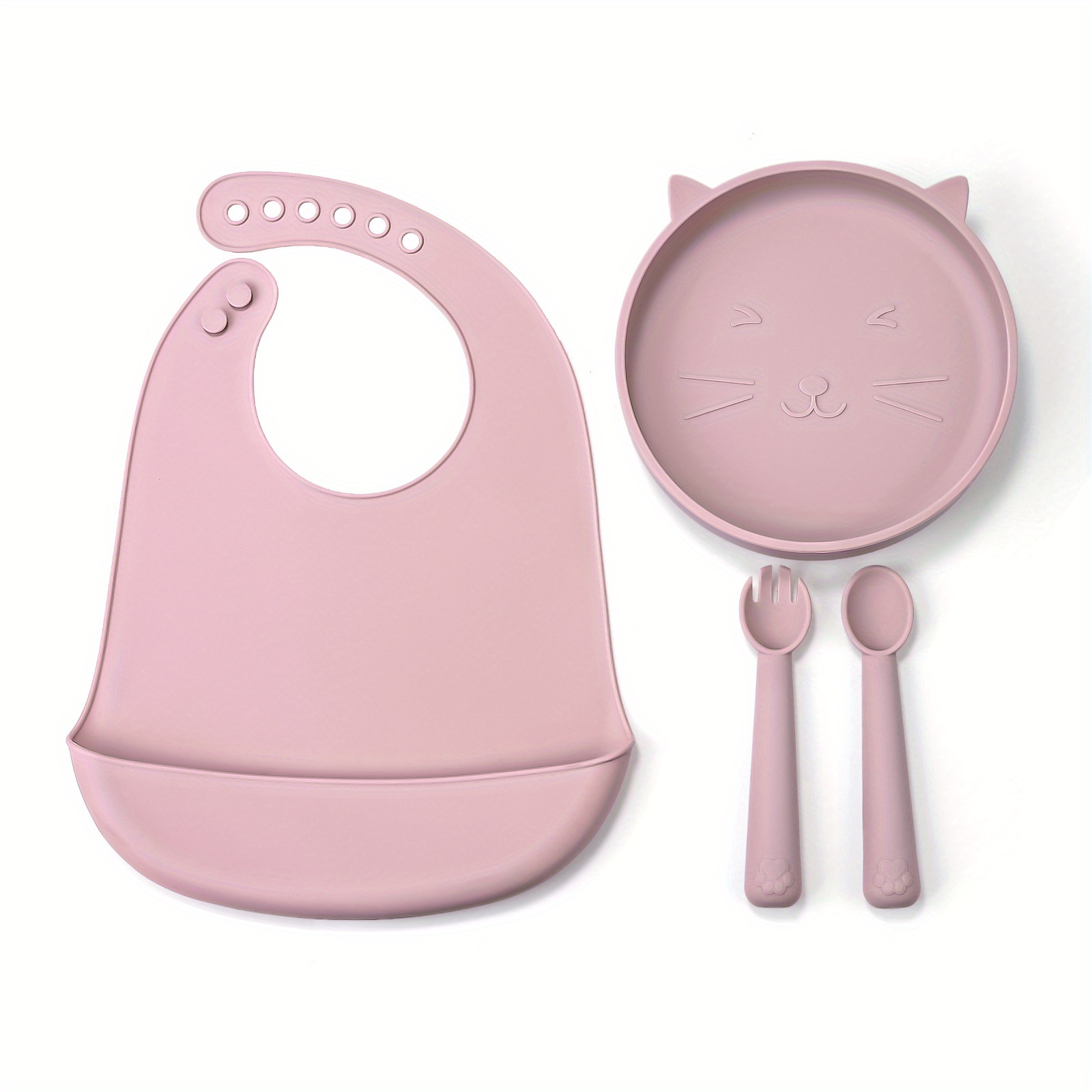 Baby Feeding Set, Toddler Silicone Feeding Set, Baby Dish with Suction,  Adjustable and Waterproof bib, Soft Spoon and Fork, Divided Tableware Set.