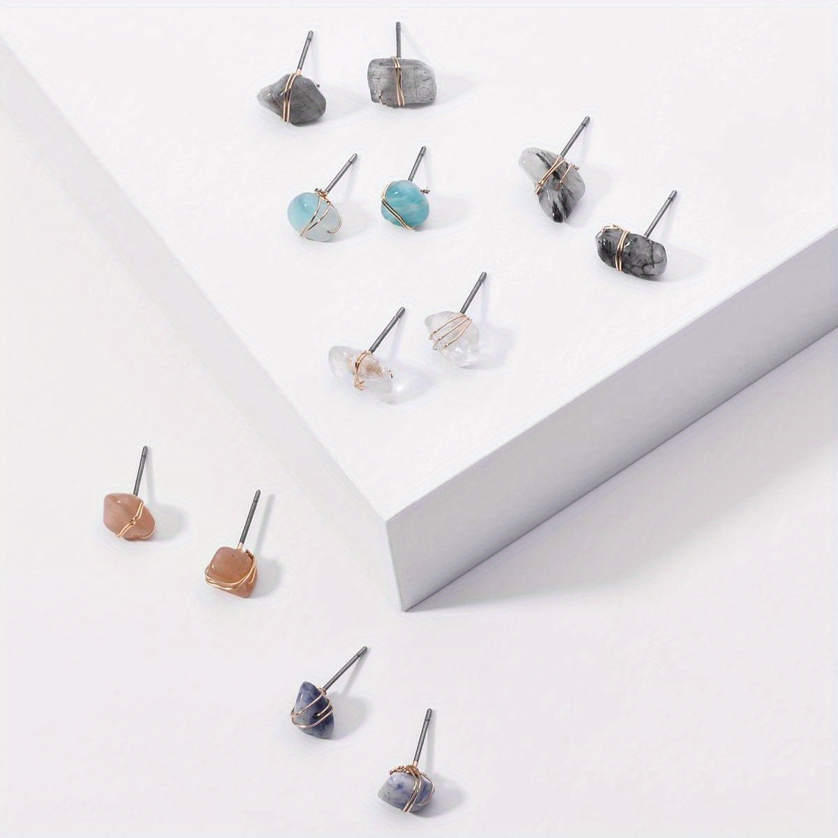 6 Pairs Raw Stone Stud Earrings Set, Random Shape