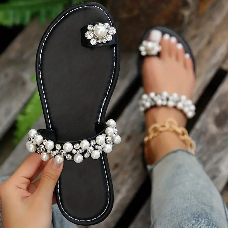 Women's Faux Rhinestone & Pearl Decor Sandals, Slip On Open Toe Flat  Non-slip Slides Shoes, Summer Glitter Dress Shoes