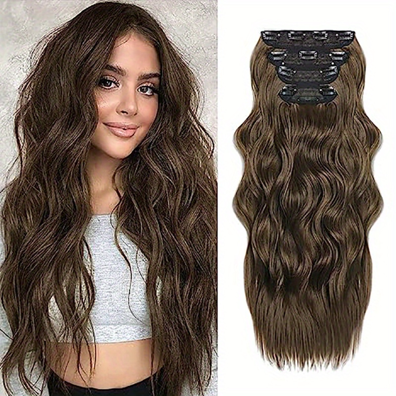 4pcs Clip-On Long Water Wave Synthetic Hair Extensions, Human Hair Extensions Curly Hair Piece Fiber Double Hair Curtain Hair Extensions for Women