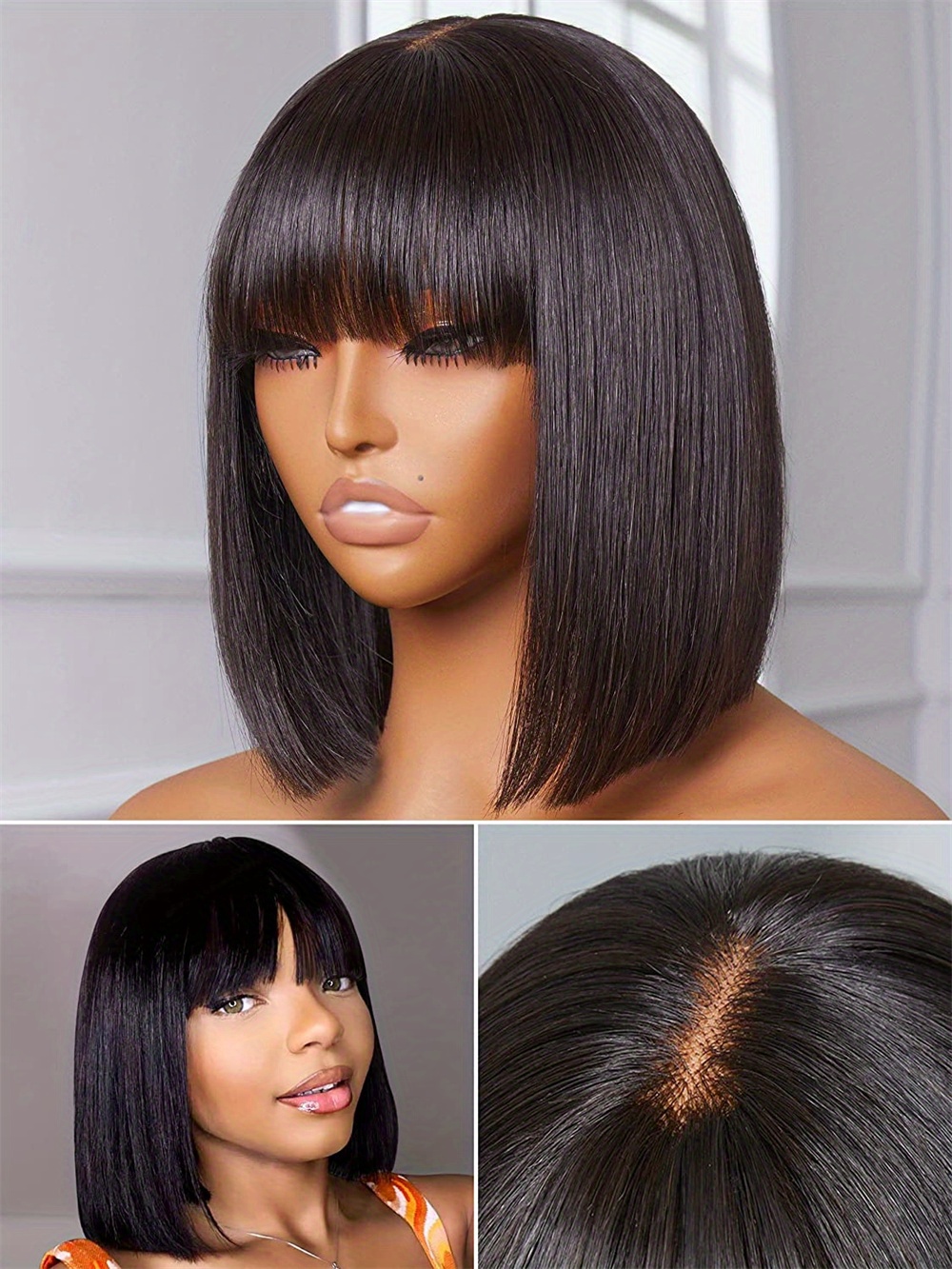 Straight Short Bob Human Hair Wigs Bangs Brazilian Human Temu 