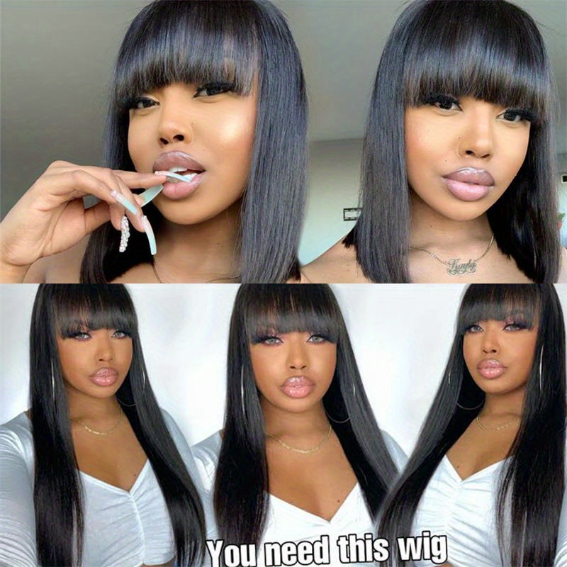 Silky Bone Straight Human Hair Wigs Bangs None Lace Front - Temu