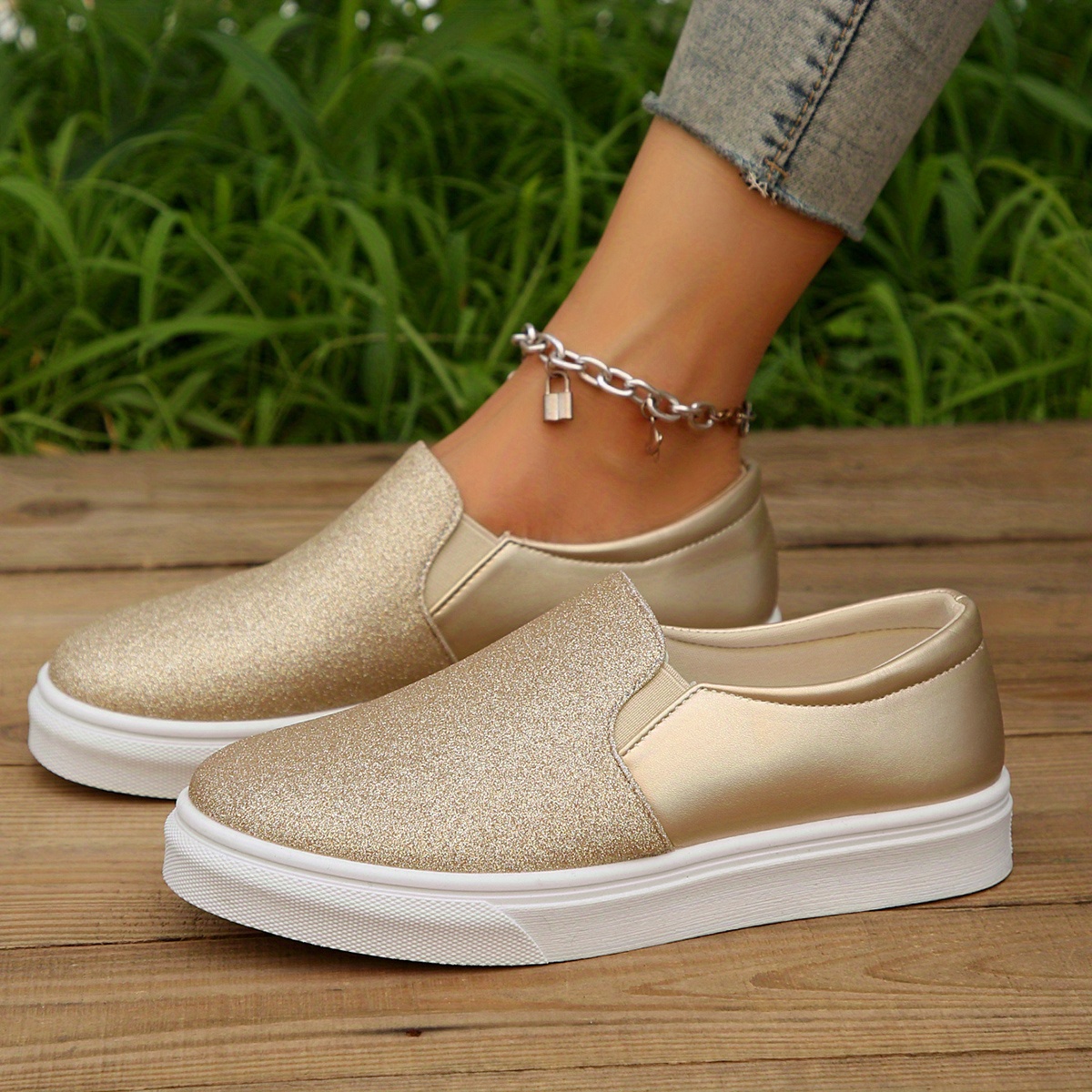 Solid Sequins Glitter Flat Shoes, Women's Lightweight Round Toe Slip on Casual Low Top Flat Shoes,Womens Sneakers,Temu