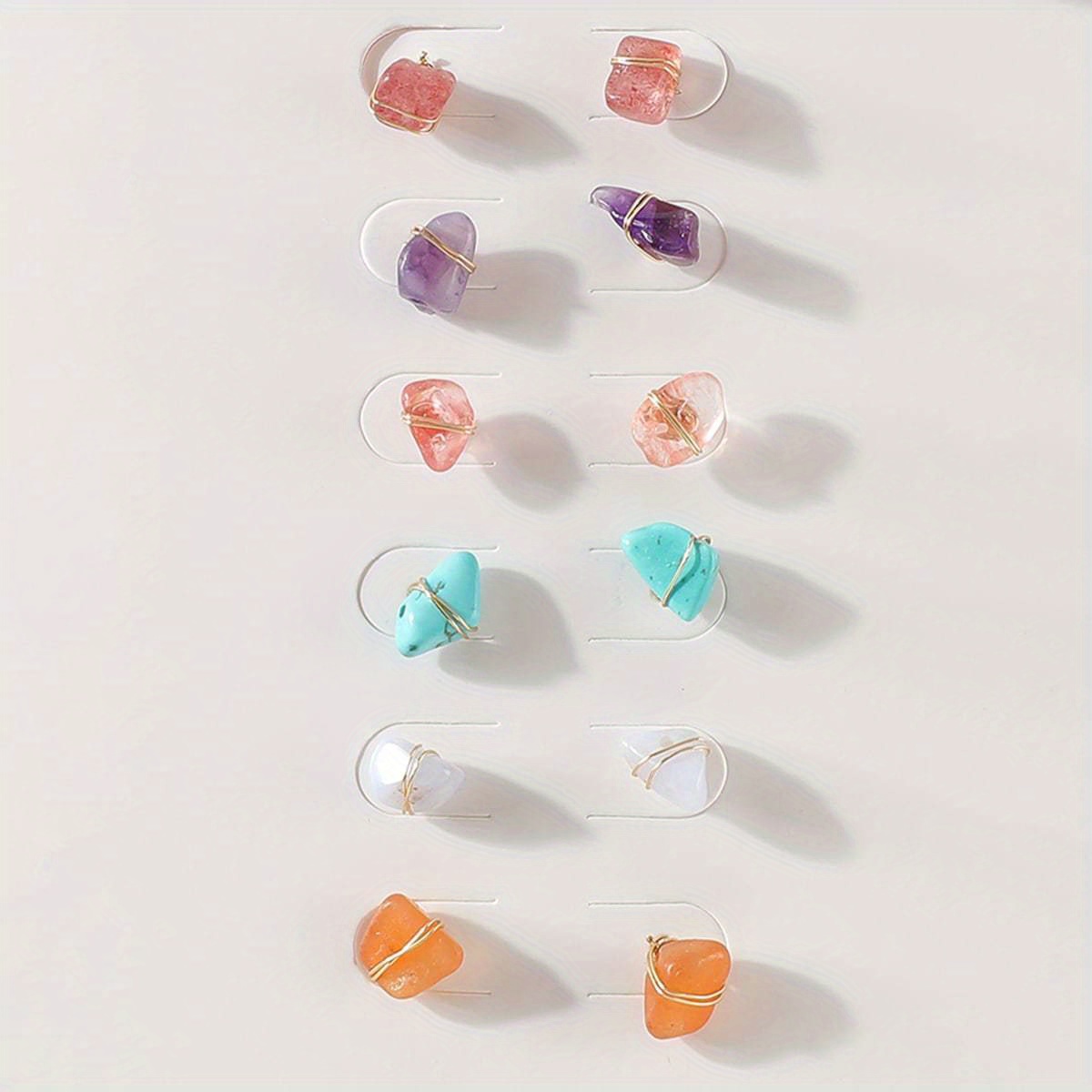 6 Pairs Raw Stone Stud Earrings Set, Random Shape