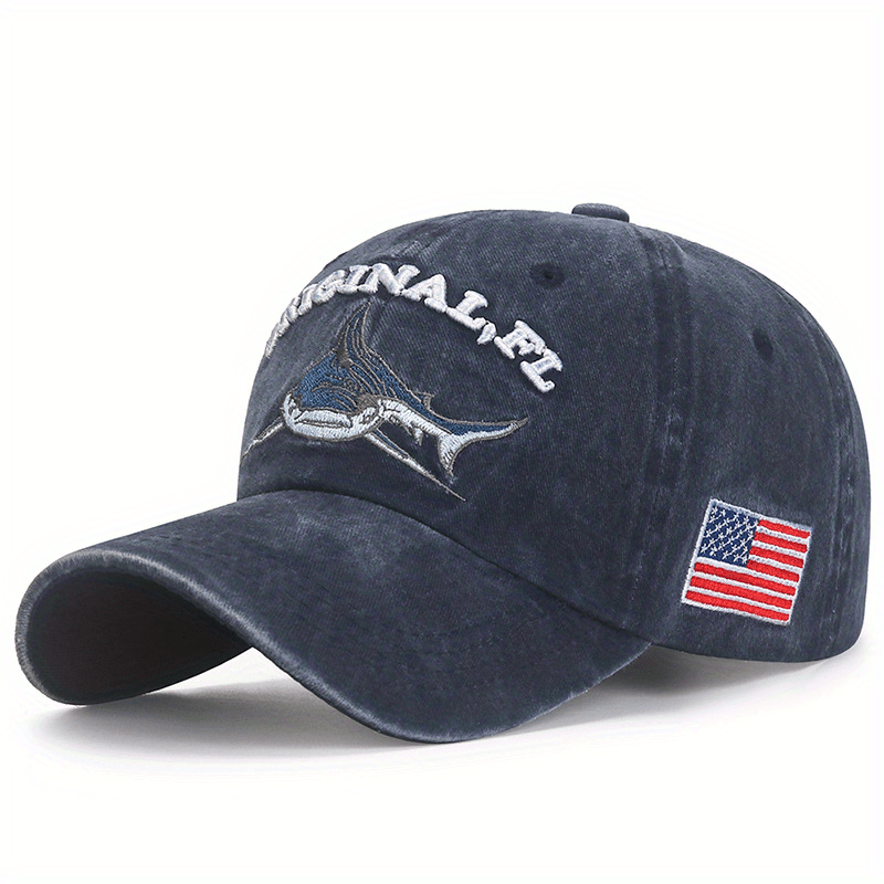 Distressed Shark Embroidery Baseball Cap Vintage Sun Hat