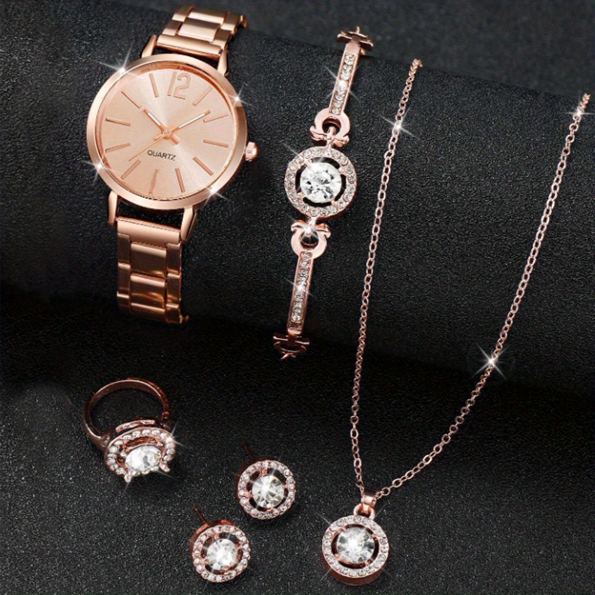 ファッションラウンドポインタークォーツ時計アナログ腕時計 ジュエリー5個セット お母さん 彼女へのギフト - Temu Japan