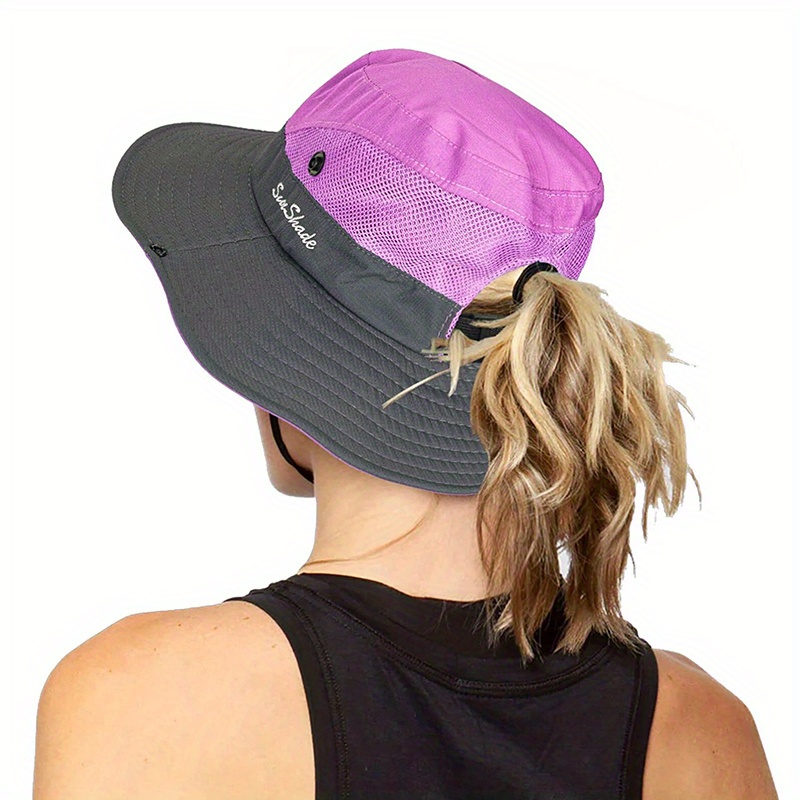 Womens Foldable Wide-Brim UV-Protection Sun-hat with Ponytail Hole (Purple)