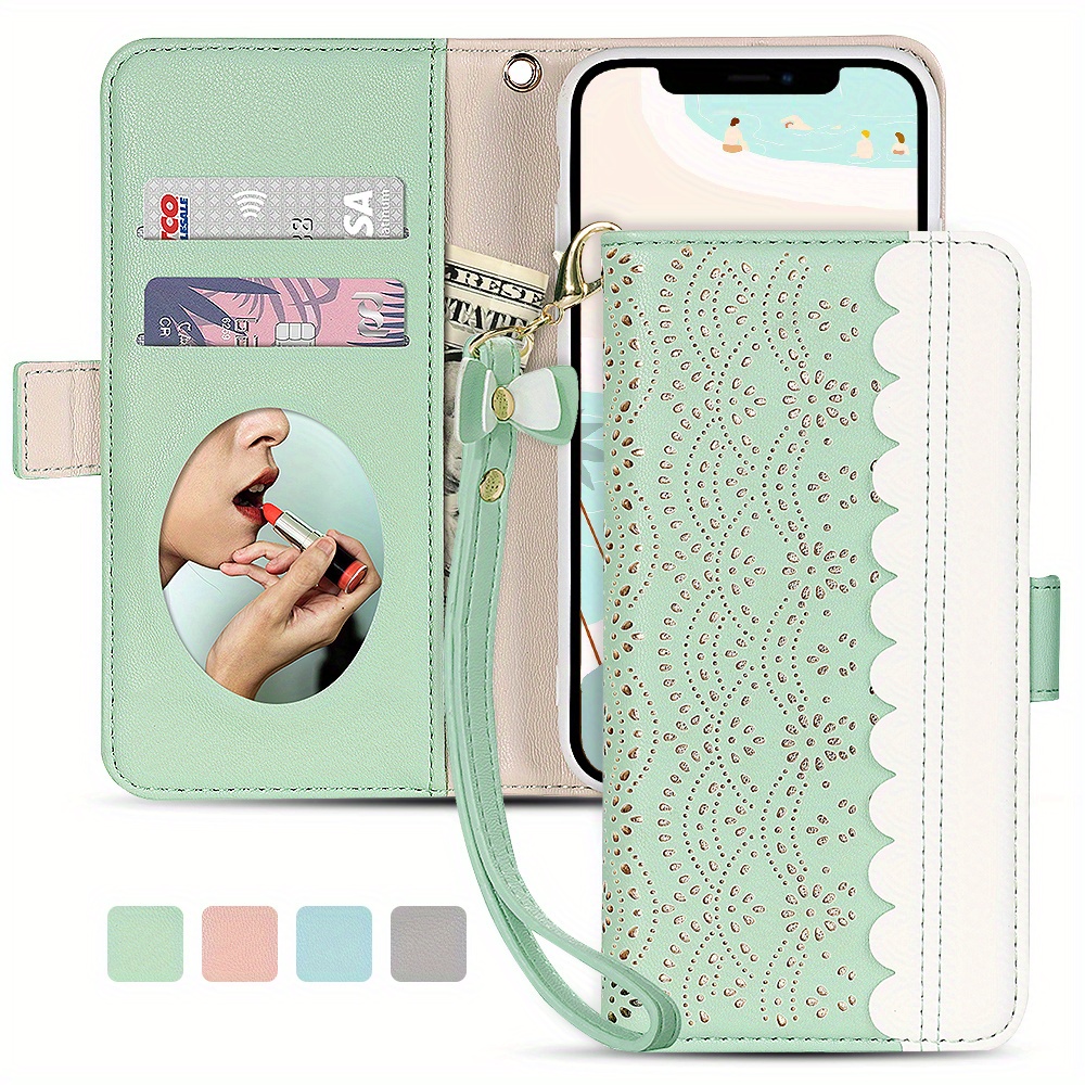 Green PU Leather Wallet Folio Case for iPhone 13 Pro ( 6.1