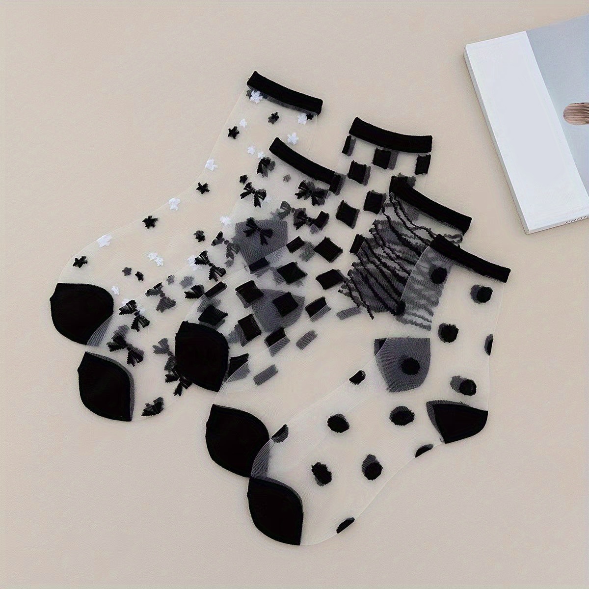 5 Pairs Geometric Pattern Socks, Comfy & Breathable Sheer Mesh Socks, Women's Stockings & Hosiery