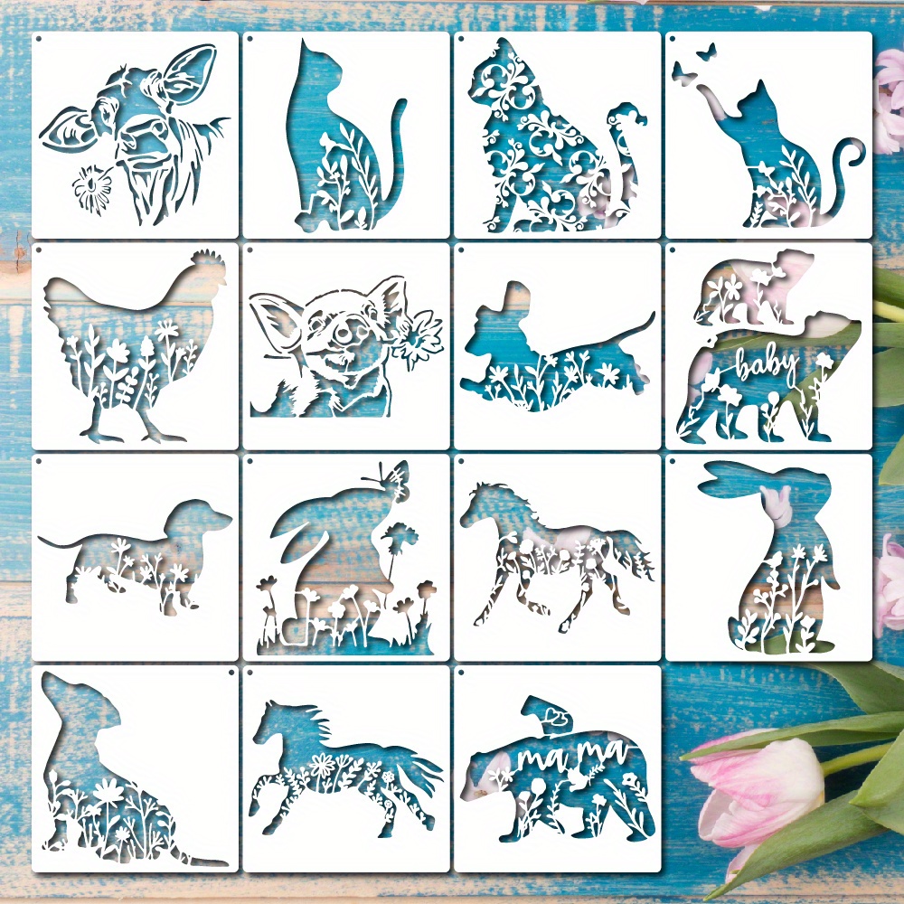 15Pcs Flower Animal Stencils for Painting On Wood Floral Nature Farmhouse  Paint Stencil Dog Cat Bear Cow Bunny Reusable Embroidery Stencils for