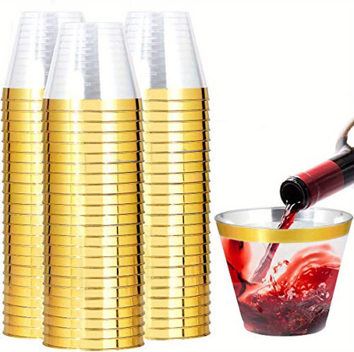 100 Clear Plastic Cups with Gold Rim for Wedding Elegant Party Cups 9 oz