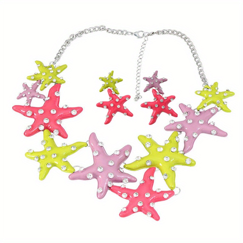 Earrings Plus Necklace Cute Starfish Pendant Inlaid Rhinestone
