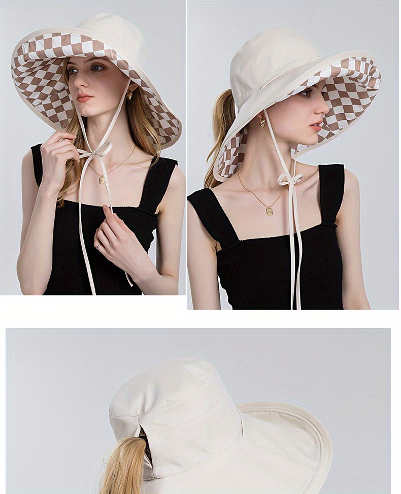 Double sided Plaid Pattern Open Top Floppy Hat Ponytail Hole Temu Australia