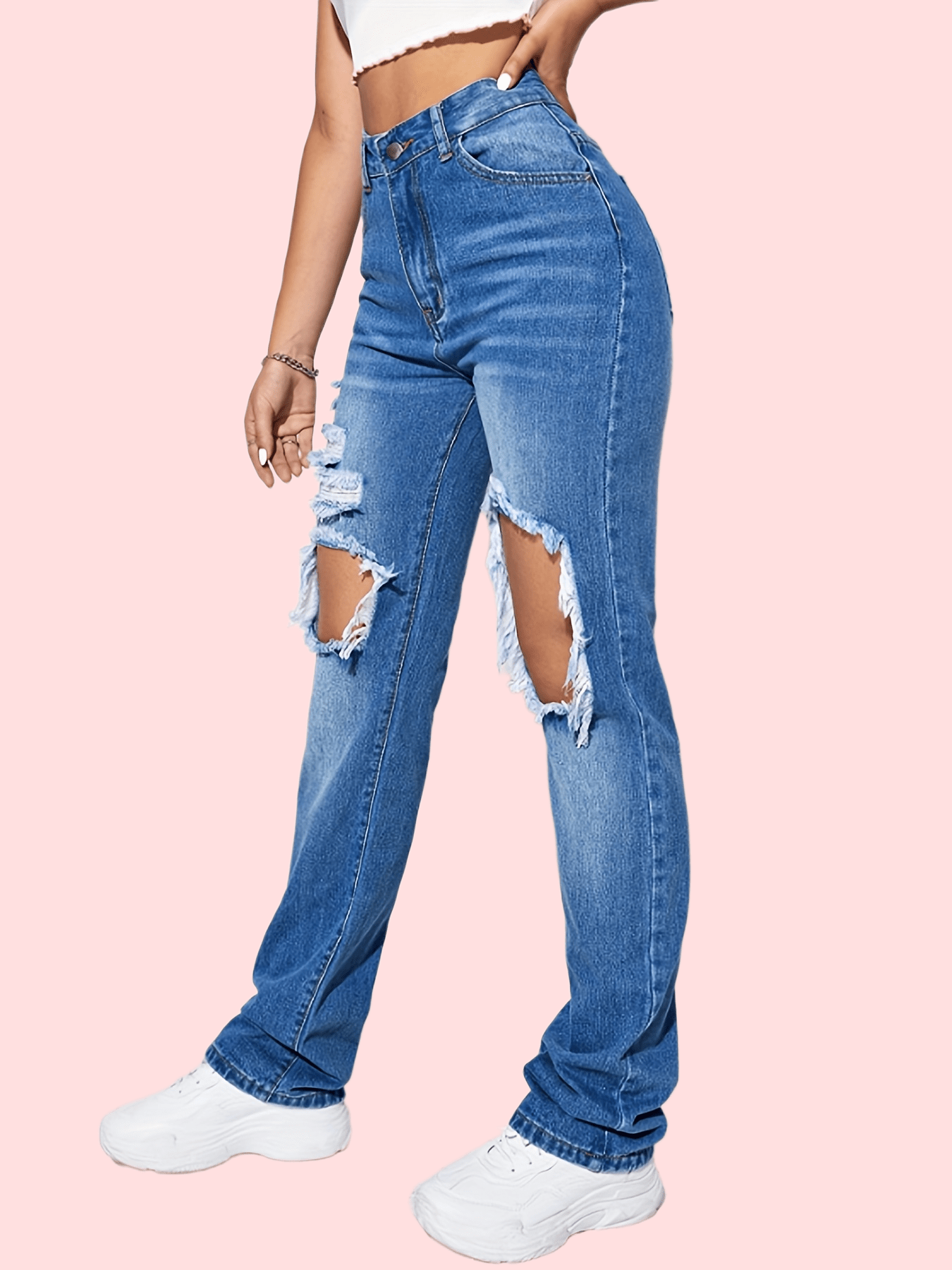 Blue Ripped Holes Straight Jeans Slash Pockets Distressed - Temu Canada