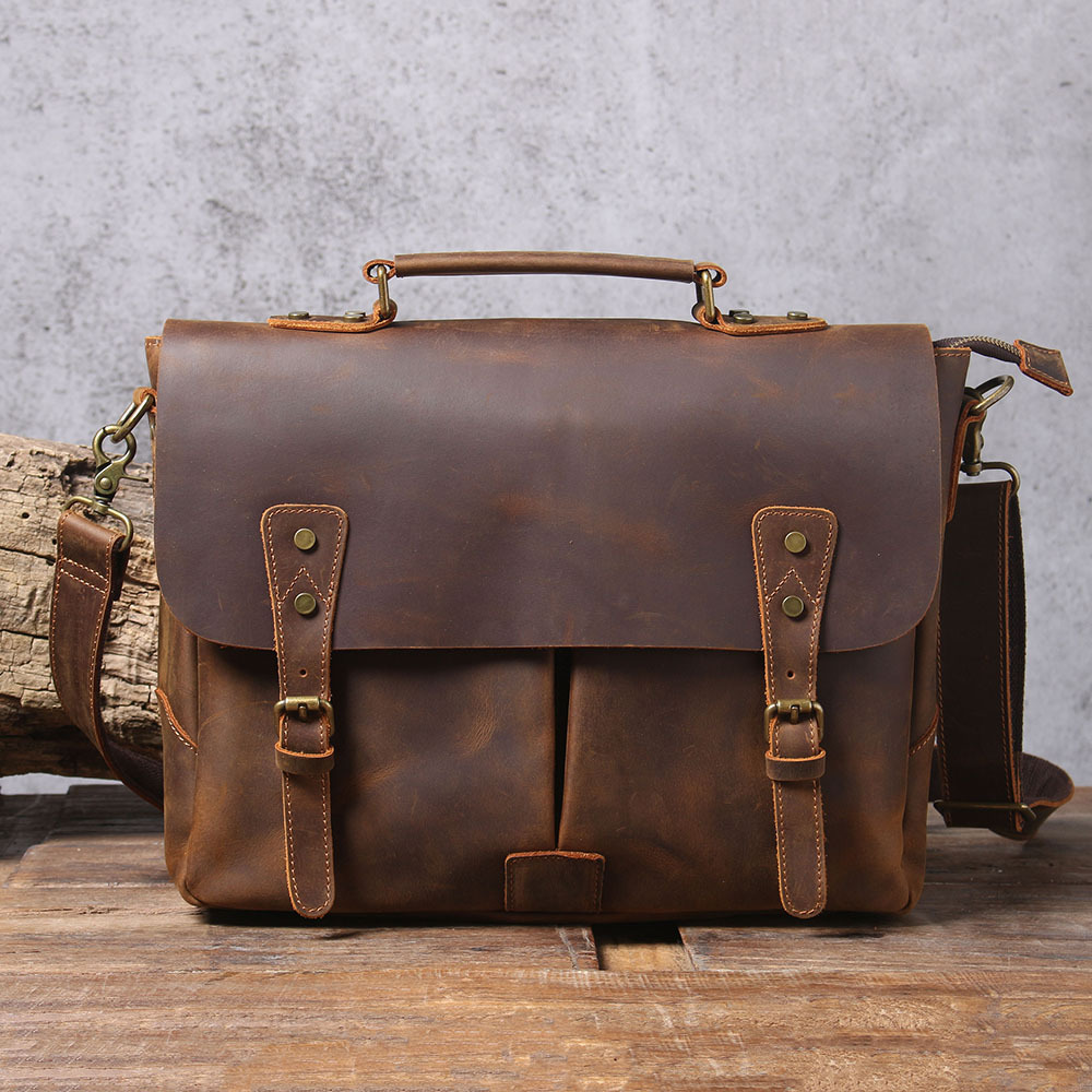 Men\'s Vintage Genuine Leather Briefcase Crossbody Bag, Bags For Work & Business