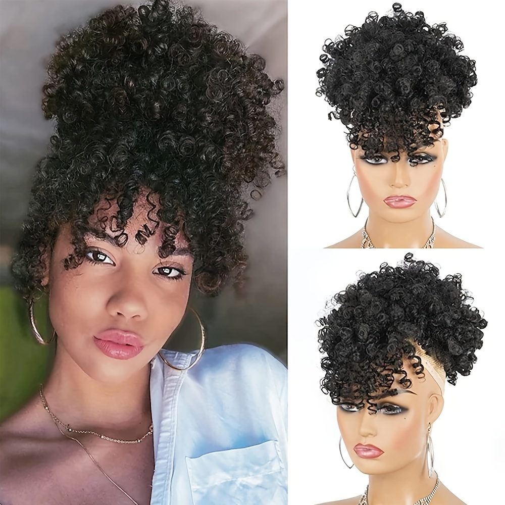 

Afro Puff Drawstring Ponytail With Kinky Curly Hair Clip In Bangs Short Ponytail Hair Extensions Updo Hairpieces For Women