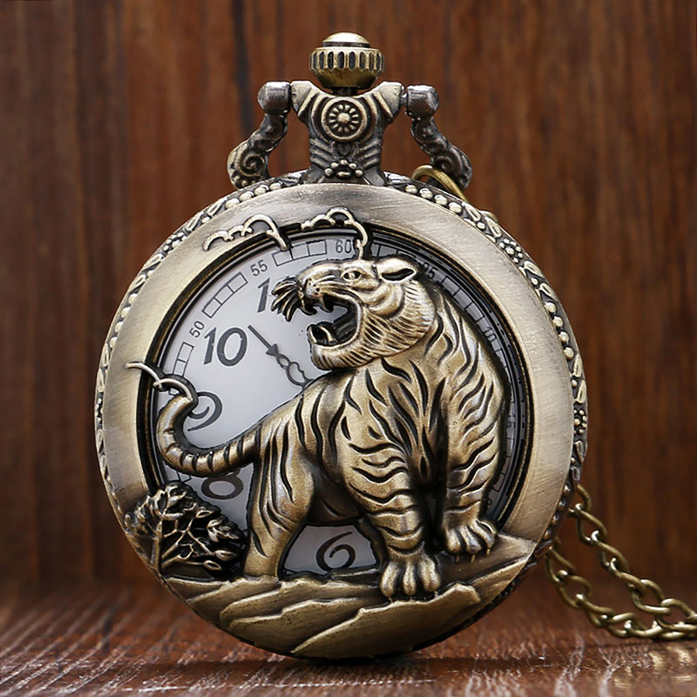1pc Retro Men's Tiger Pocket Watch Lace Flap Classic Necklace Watch Father's Day Gift