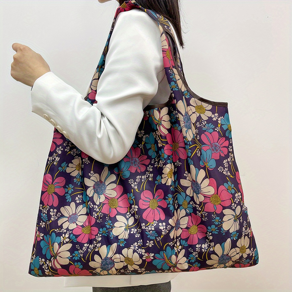 Reusable Shopping Bags Purple Flower Print Tote Bag Foldable Large ...