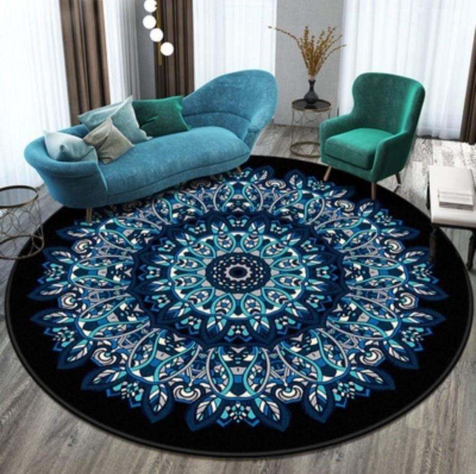 Alfombra redonda con diseño de mandala azul, colección de alfombras  redondas de 4 pies, patrón étnico retro, fondo blanco, antideslizante, para