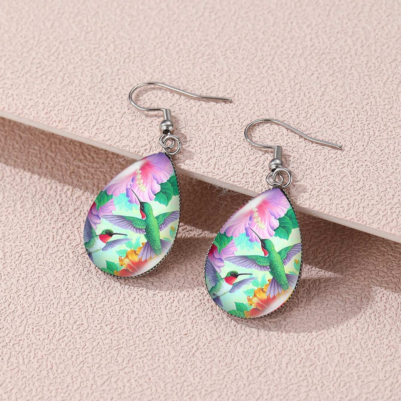 Elegant Sunflower & Hummingbird Teardrop Earrings