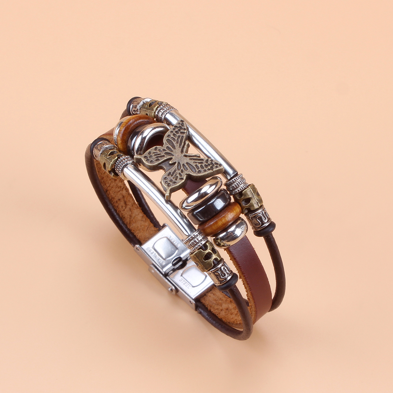 E-shop Nationaler Stil Schmetterling Perlen PU-Leder Edelstahl Verschluss Armband