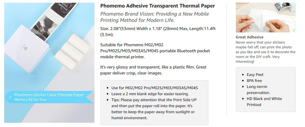 Thermal Sticker Paper for Phomemo T02/M02/M02S/M02 Pro Bluetooth Pocket  Printer