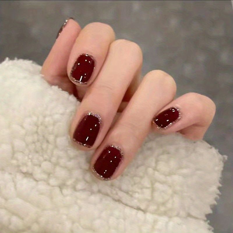 Short Wine Red Coffin False Nails Fashion Ballerina Fake Nails With Glitter  Design Press On Nails Glossy Acrylic Nails For Women And Girls | Shop The  Latest Trends | Temu