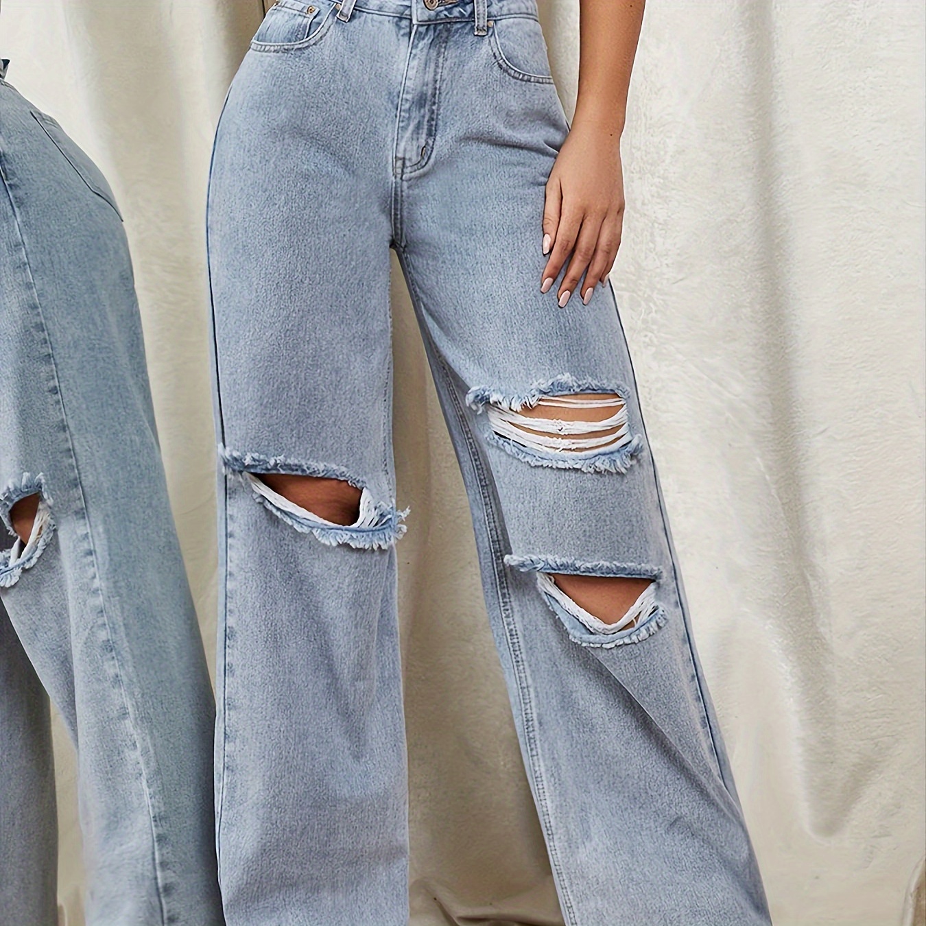 Button Fly Solid Ripped Cut Out Jeans, Women's Long Length Denim Loose ...