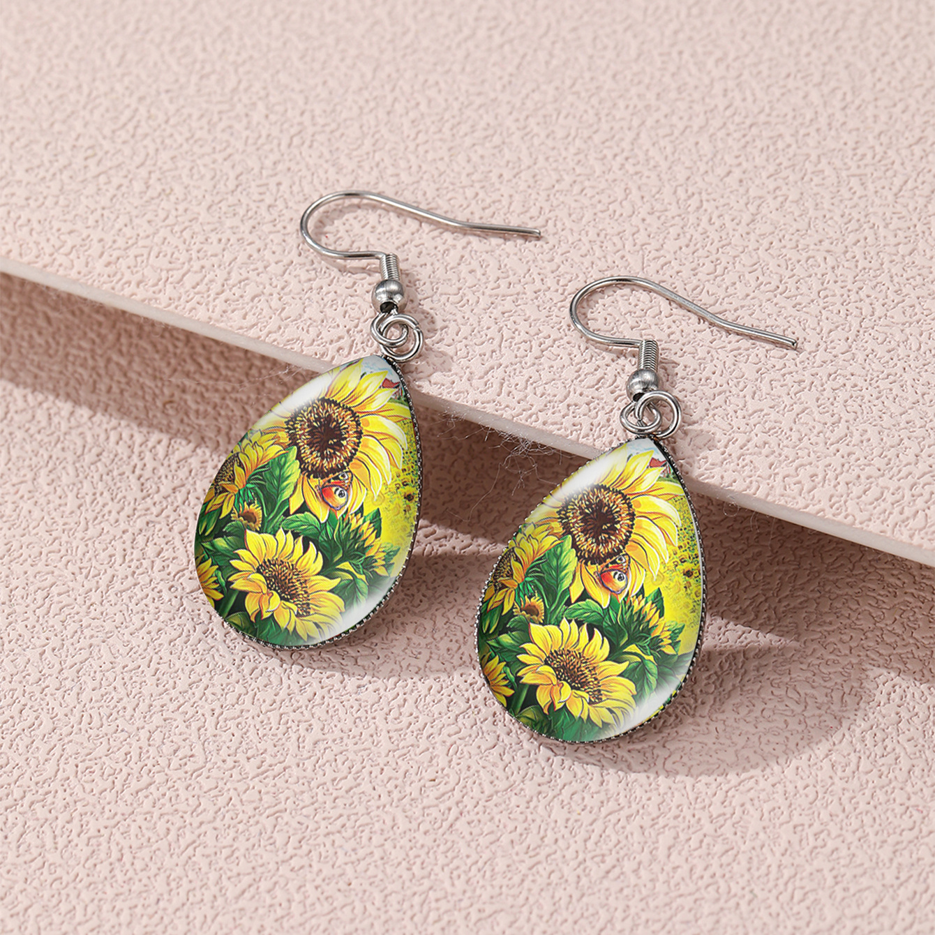 Elegant Sunflower & Hummingbird Teardrop Earrings