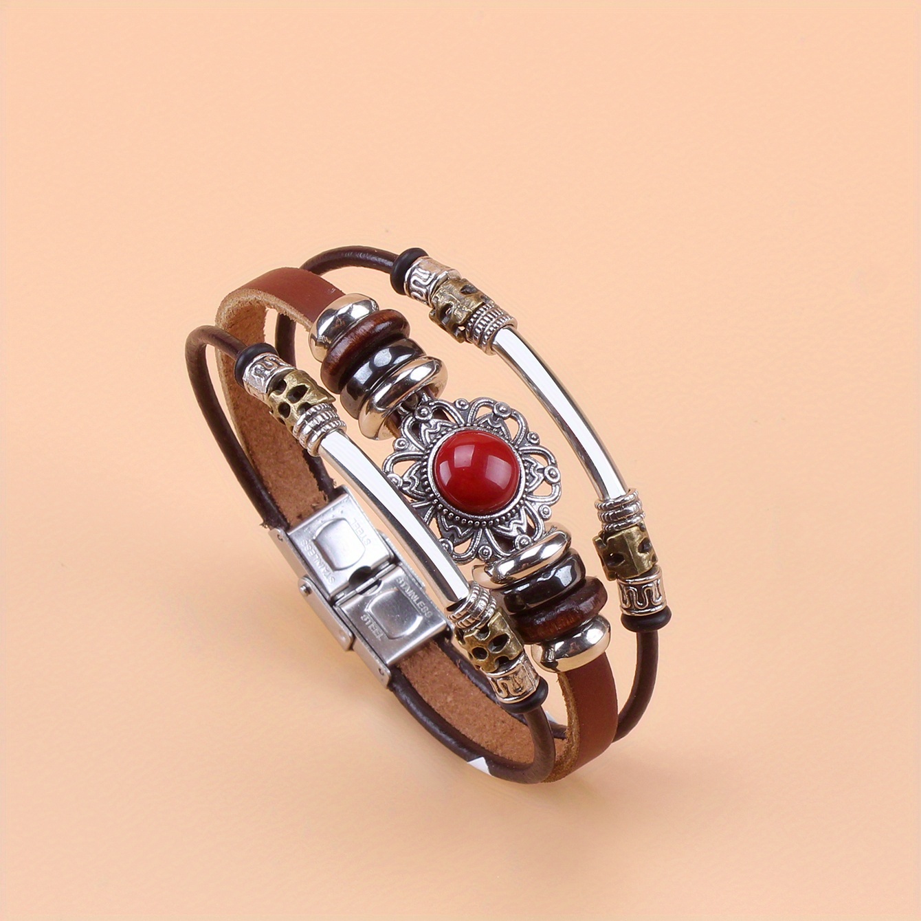 Flower Pu Leather Bracelet With Stainless Steel Vintage Style Hand Jewelry Decor