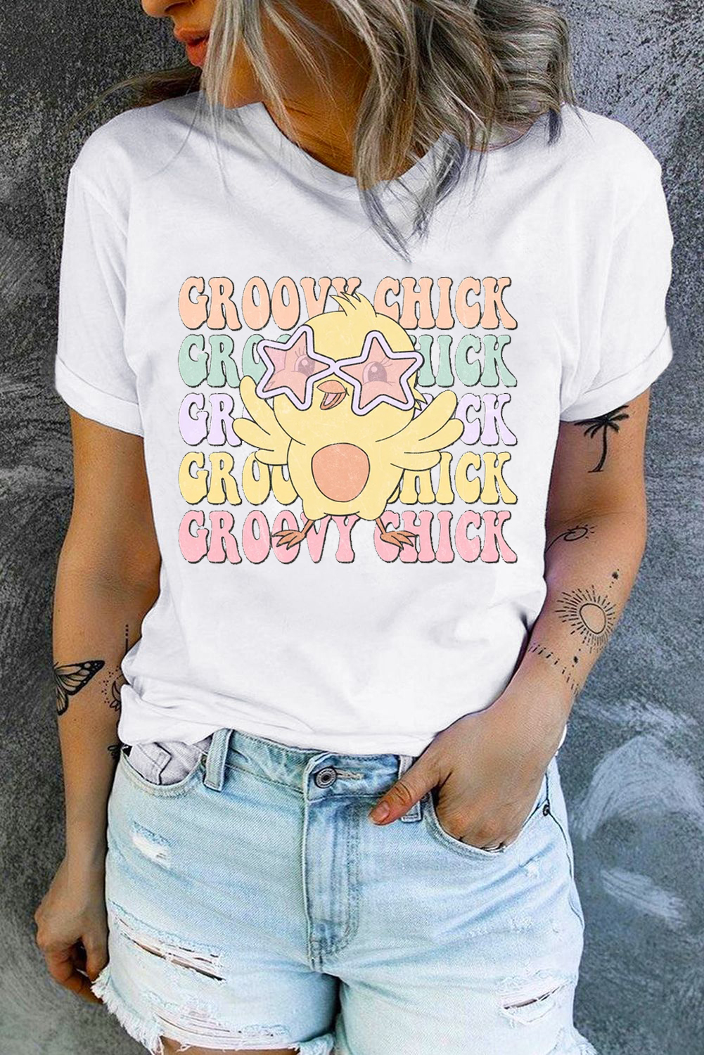 Cartoon Groovy Chick Print T-shirt, Short Sleeve Crew Neck Casual