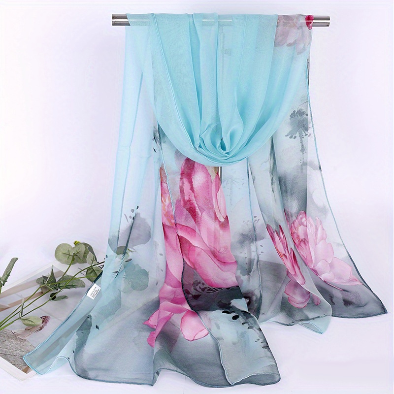 Chiffon Ink Lotus Print Thin Headwrap Large Shawl Summer Beach Towel