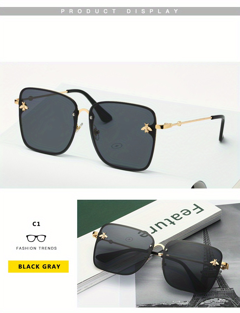 Retro Square Sunglasses Women Brand Designer Bee Metal Frame